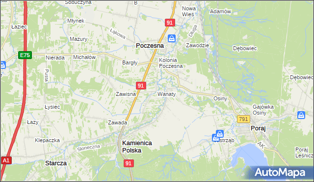 mapa Wanaty gmina Kamienica Polska, Wanaty gmina Kamienica Polska na mapie Targeo