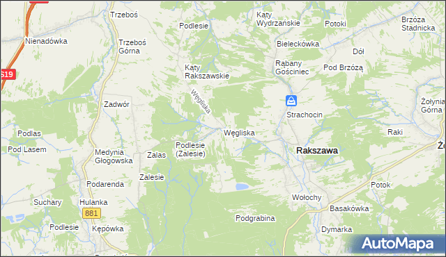 mapa Węgliska gmina Rakszawa, Węgliska gmina Rakszawa na mapie Targeo