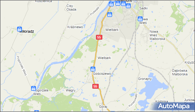 mapa Wielbark gmina Malbork, Wielbark gmina Malbork na mapie Targeo