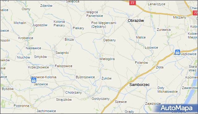 mapa Wielogóra gmina Samborzec, Wielogóra gmina Samborzec na mapie Targeo