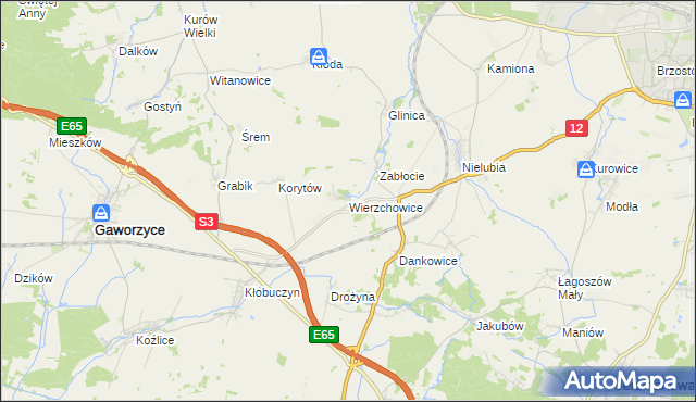 mapa Wierzchowice gmina Gaworzyce, Wierzchowice gmina Gaworzyce na mapie Targeo