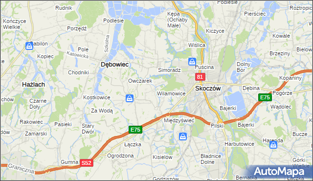 mapa Wilamowice gmina Skoczów, Wilamowice gmina Skoczów na mapie Targeo