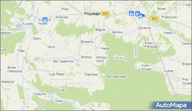 mapa Wilcza Góra gmina Przystajń, Wilcza Góra gmina Przystajń na mapie Targeo
