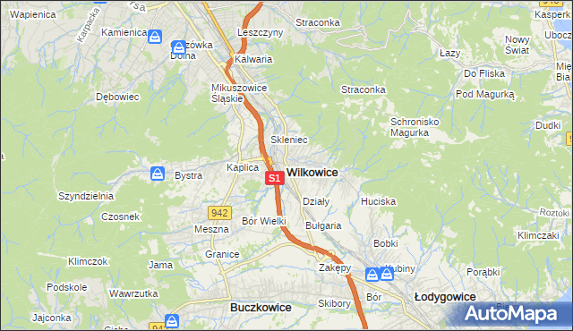 mapa Wilkowice powiat bielski, Wilkowice powiat bielski na mapie Targeo