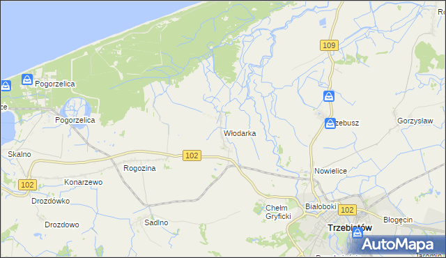 mapa Włodarka gmina Trzebiatów, Włodarka gmina Trzebiatów na mapie Targeo