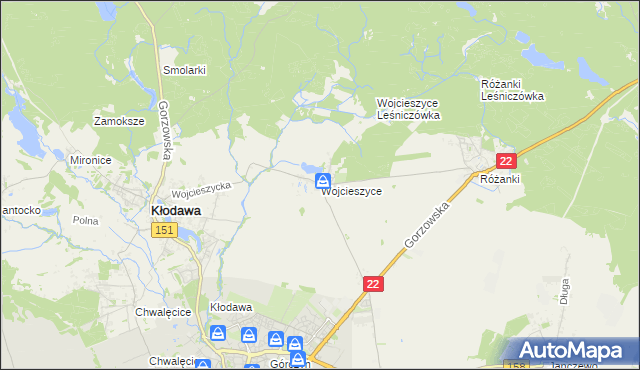 mapa Wojcieszyce gmina Kłodawa, Wojcieszyce gmina Kłodawa na mapie Targeo