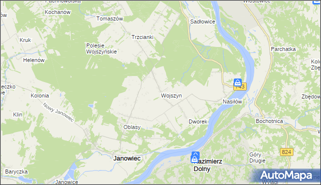 mapa Wojszyn gmina Janowiec, Wojszyn gmina Janowiec na mapie Targeo