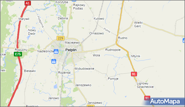 mapa Wola gmina Pelplin, Wola gmina Pelplin na mapie Targeo