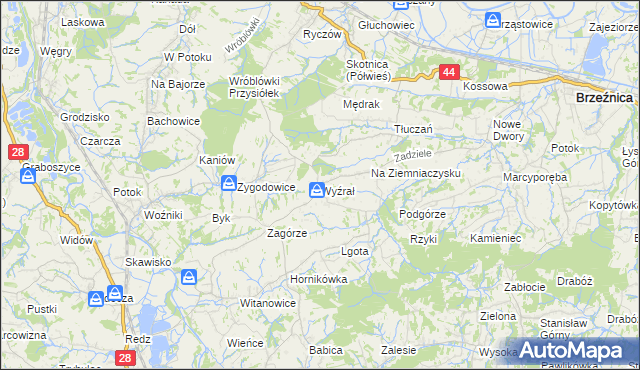 mapa Wyźrał gmina Brzeźnica, Wyźrał gmina Brzeźnica na mapie Targeo