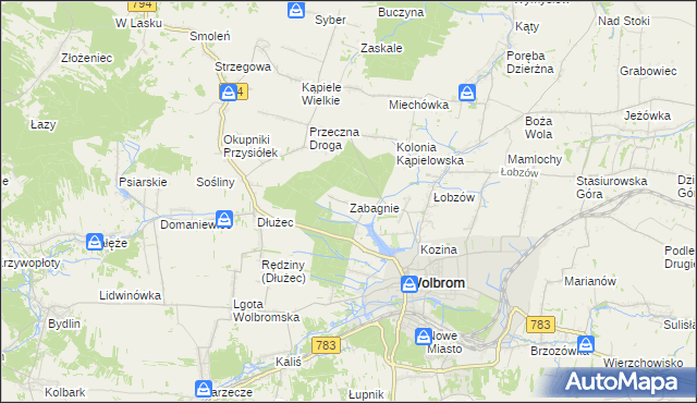 mapa Zabagnie gmina Wolbrom, Zabagnie gmina Wolbrom na mapie Targeo