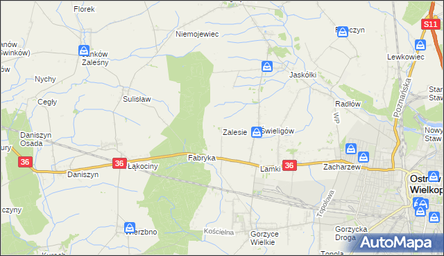 mapa Zalesie gmina Ostrów Wielkopolski, Zalesie gmina Ostrów Wielkopolski na mapie Targeo
