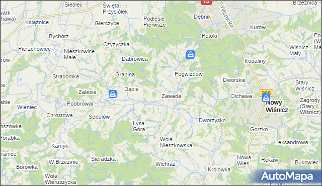 mapa Zawada gmina Bochnia, Zawada gmina Bochnia na mapie Targeo