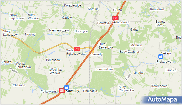 mapa Zawady gmina Kowiesy, Zawady gmina Kowiesy na mapie Targeo