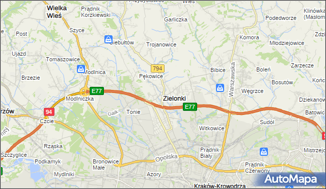 mapa Zielonki powiat krakowski, Zielonki powiat krakowski na mapie Targeo