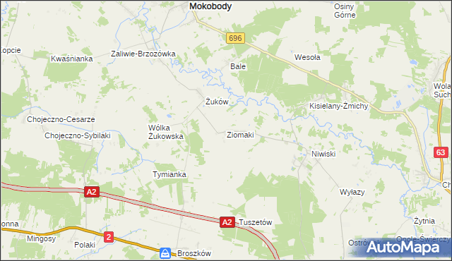 mapa Ziomaki gmina Mokobody, Ziomaki gmina Mokobody na mapie Targeo