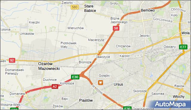 mapa Jawczyce gmina Ożarów Mazowiecki, Jawczyce gmina Ożarów Mazowiecki na mapie Targeo