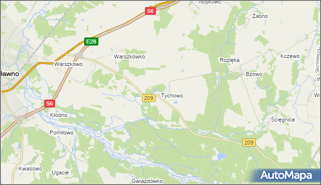 mapa Tychowo gmina Sławno, Tychowo gmina Sławno na mapie Targeo