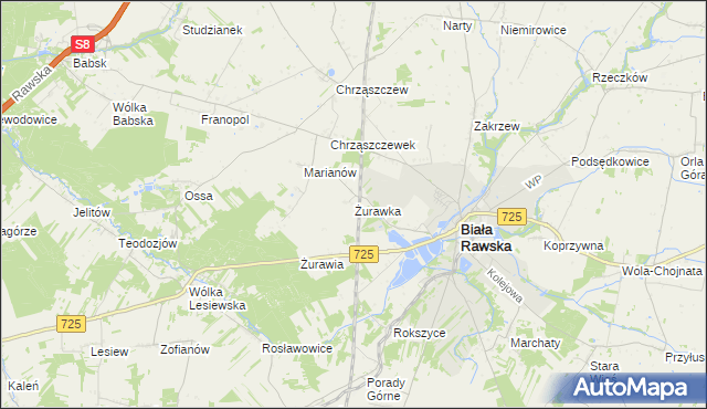 mapa Żurawka gmina Biała Rawska, Żurawka gmina Biała Rawska na mapie Targeo