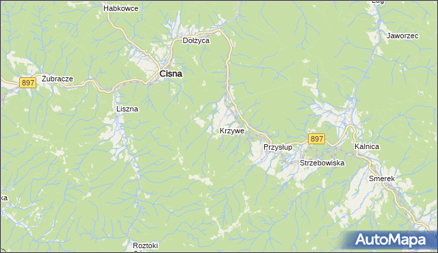 mapa Krzywe gmina Cisna, Krzywe gmina Cisna na mapie Targeo