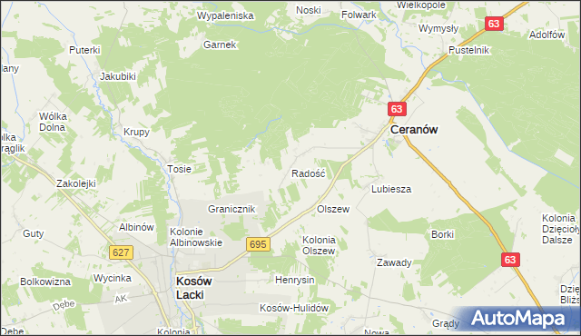 mapa Radość gmina Ceranów, Radość gmina Ceranów na mapie Targeo