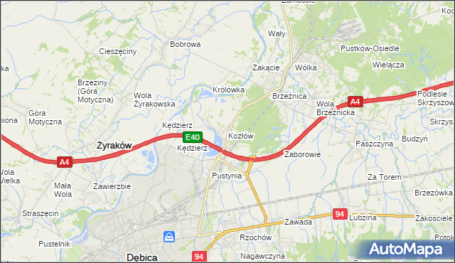 mapa Kozłów gmina Dębica, Kozłów gmina Dębica na mapie Targeo