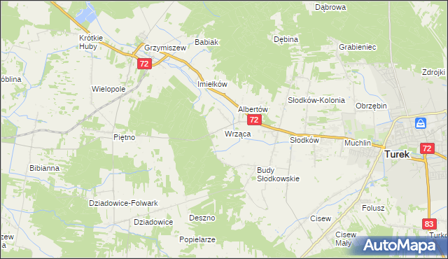 mapa Wrząca gmina Turek, Wrząca gmina Turek na mapie Targeo