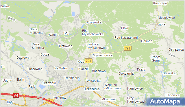 mapa Myślachowice, Myślachowice na mapie Targeo