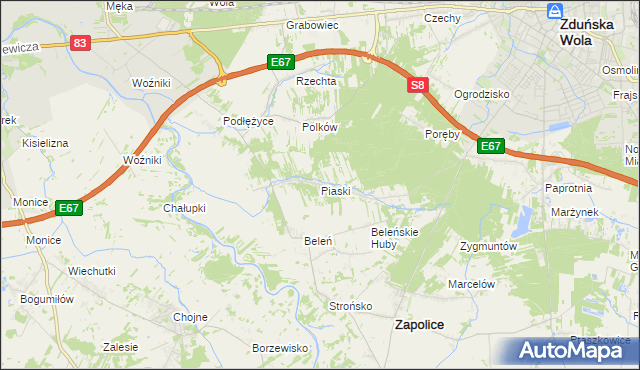 mapa Piaski gmina Zduńska Wola, Piaski gmina Zduńska Wola na mapie Targeo