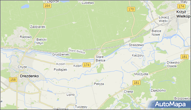 mapa Stare Bielice gmina Drezdenko, Stare Bielice gmina Drezdenko na mapie Targeo