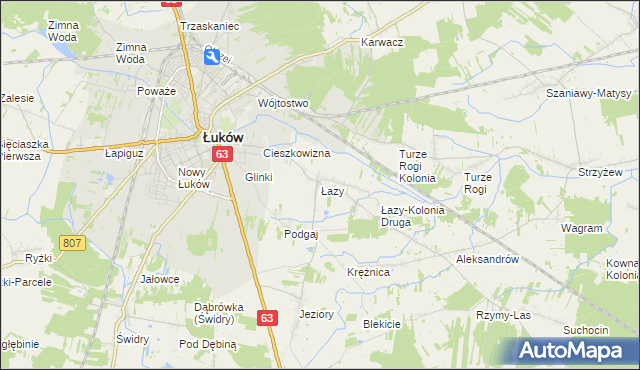 mapa Łazy gmina Łuków, Łazy gmina Łuków na mapie Targeo