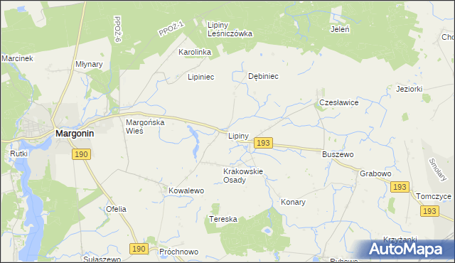 mapa Lipiny gmina Margonin, Lipiny gmina Margonin na mapie Targeo