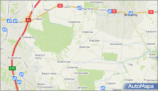 mapa Adamów gmina Brzeziny, Adamów gmina Brzeziny na mapie Targeo