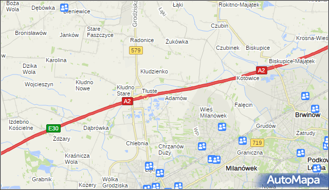 mapa Adamów gmina Grodzisk Mazowiecki, Adamów gmina Grodzisk Mazowiecki na mapie Targeo