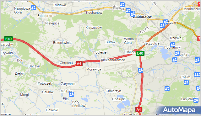 mapa Aleksandrowice gmina Zabierzów, Aleksandrowice gmina Zabierzów na mapie Targeo