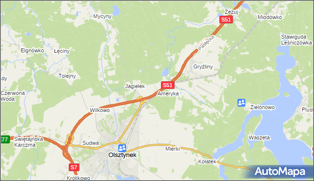 mapa Ameryka gmina Olsztynek, Ameryka gmina Olsztynek na mapie Targeo