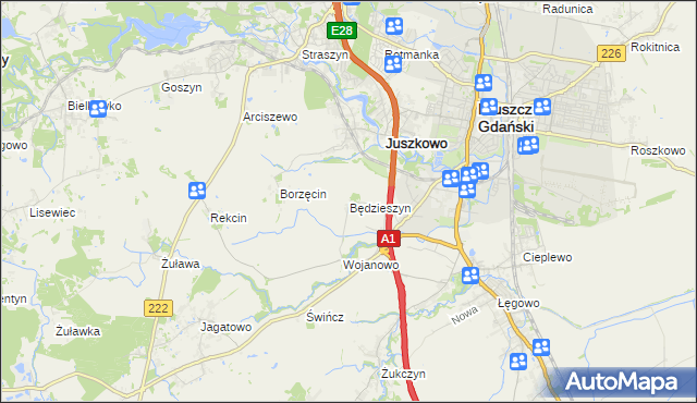 mapa Będzieszyn gmina Pruszcz Gdański, Będzieszyn gmina Pruszcz Gdański na mapie Targeo