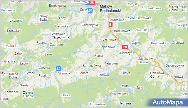 mapa Białka gmina Maków Podhalański, Białka gmina Maków Podhalański na mapie Targeo