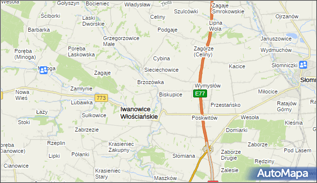 mapa Biskupice gmina Iwanowice, Biskupice gmina Iwanowice na mapie Targeo