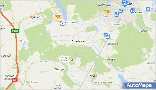 mapa Borkowice gmina Mosina, Borkowice gmina Mosina na mapie Targeo