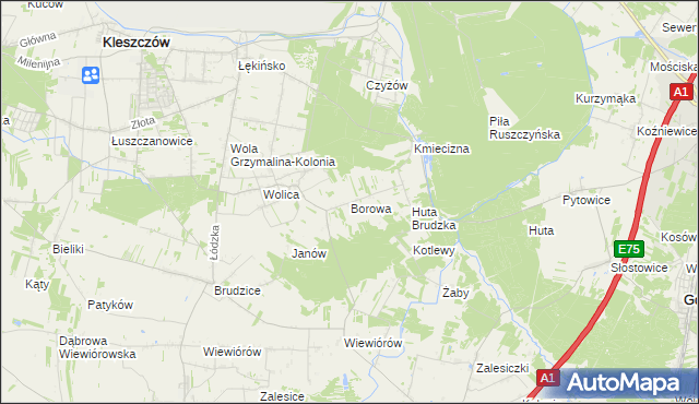 mapa Borowa gmina Dobryszyce, Borowa gmina Dobryszyce na mapie Targeo