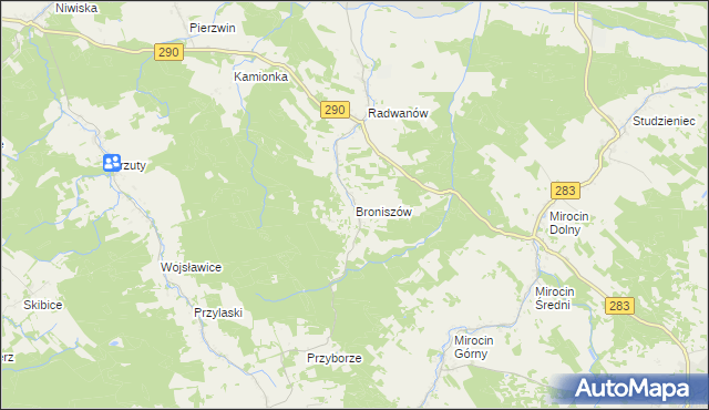 mapa Broniszów gmina Kożuchów, Broniszów gmina Kożuchów na mapie Targeo