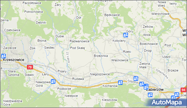 mapa Brzezinka gmina Zabierzów, Brzezinka gmina Zabierzów na mapie Targeo