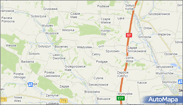 mapa Celiny gmina Iwanowice, Celiny gmina Iwanowice na mapie Targeo