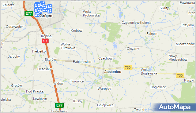 mapa Czachów gmina Jasieniec, Czachów gmina Jasieniec na mapie Targeo