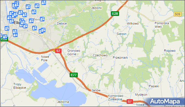 mapa Czechowo gmina Elbląg, Czechowo gmina Elbląg na mapie Targeo