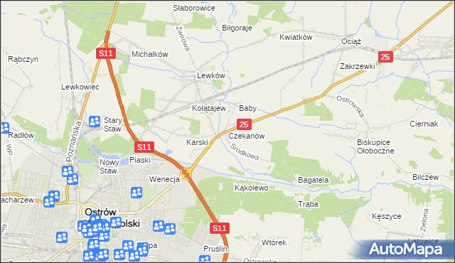 mapa Czekanów gmina Ostrów Wielkopolski, Czekanów gmina Ostrów Wielkopolski na mapie Targeo