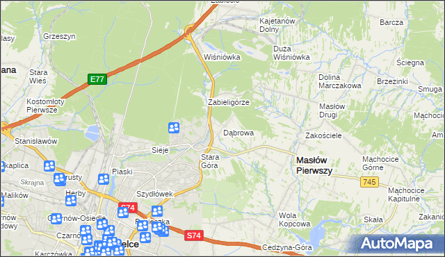 mapa Dąbrowa gmina Masłów, Dąbrowa gmina Masłów na mapie Targeo
