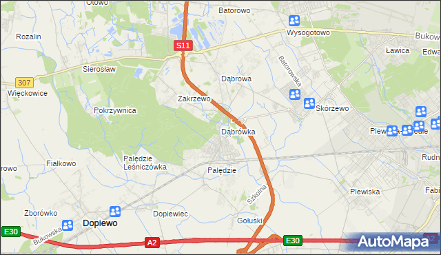 mapa Dąbrówka gmina Dopiewo, Dąbrówka gmina Dopiewo na mapie Targeo
