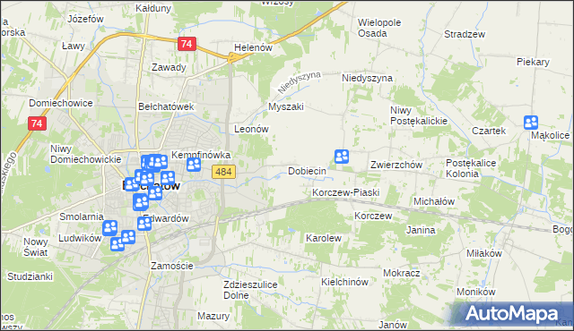 mapa Dobiecin gmina Bełchatów, Dobiecin gmina Bełchatów na mapie Targeo