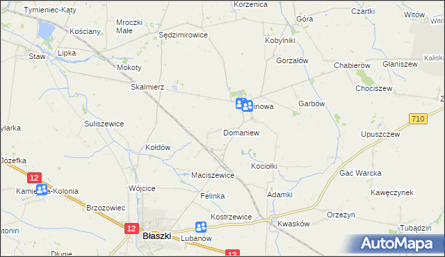 mapa Domaniew gmina Błaszki, Domaniew gmina Błaszki na mapie Targeo